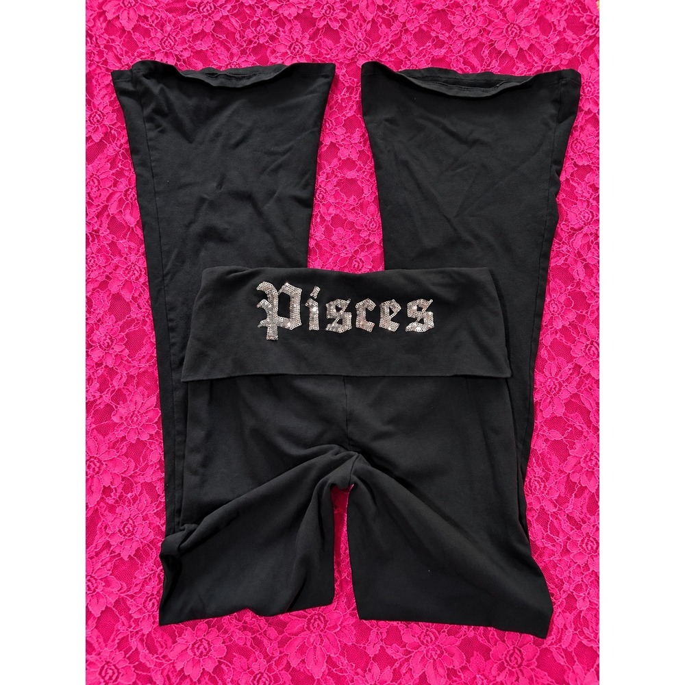Pisces Rhinestone Foldover Flare Yoga Pants Black S Y2K Gothic Grunge McBling